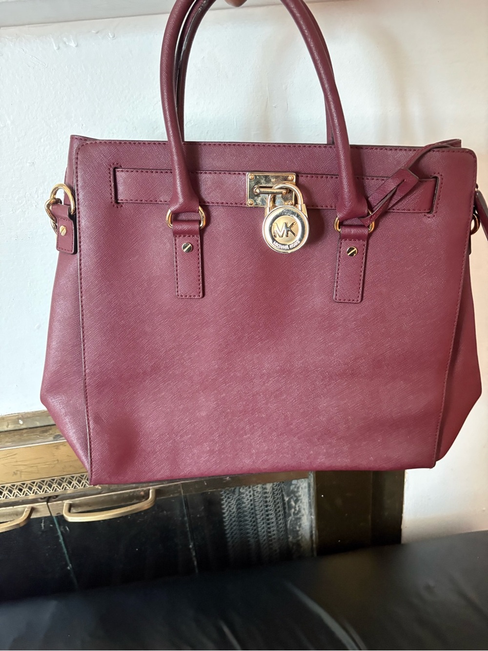 Michael Kors Wine Saffiano Leather Tote with Gold Hardware